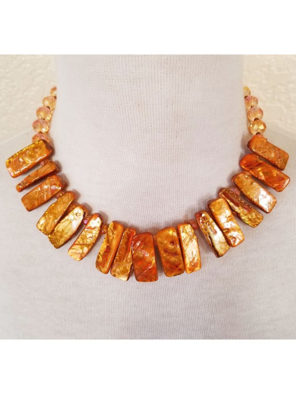 Burnt Orange & Champagne Shell & Glass Statement Bib Necklace